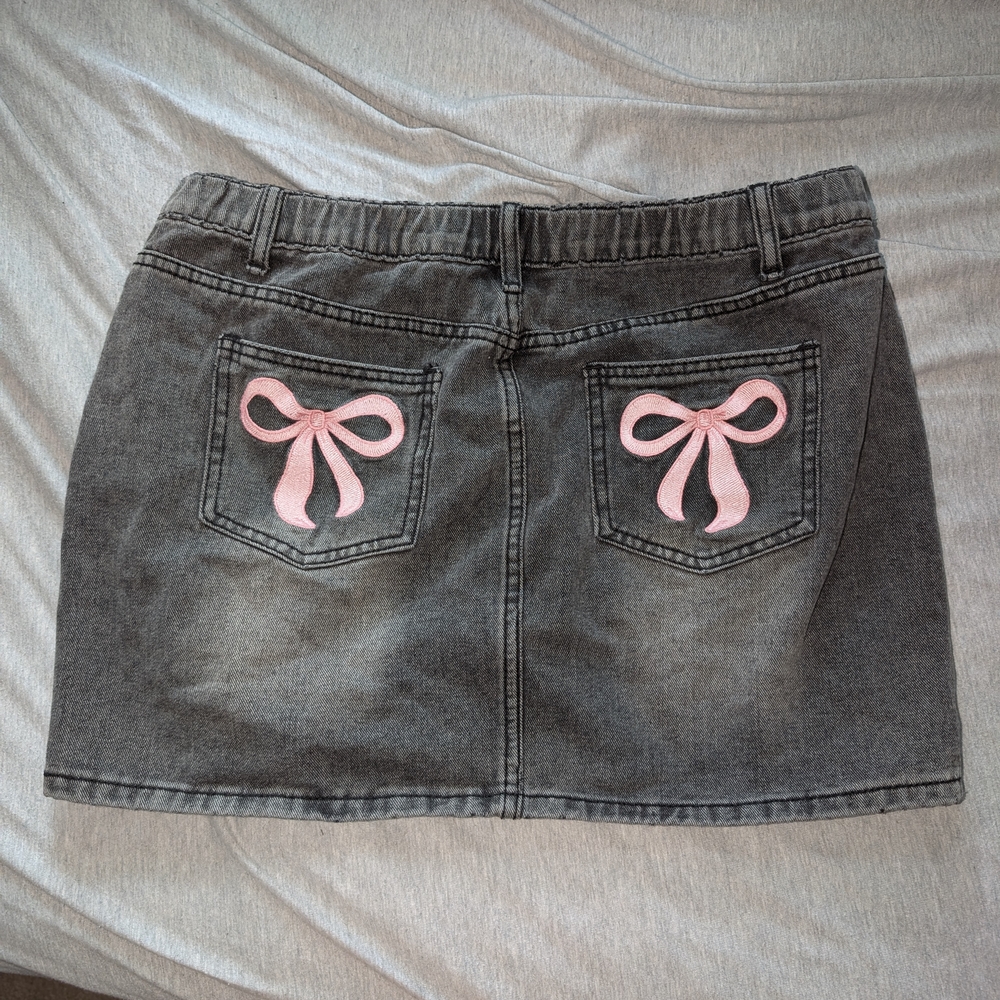 Gray Denim Skirt with Pink Bow Accents